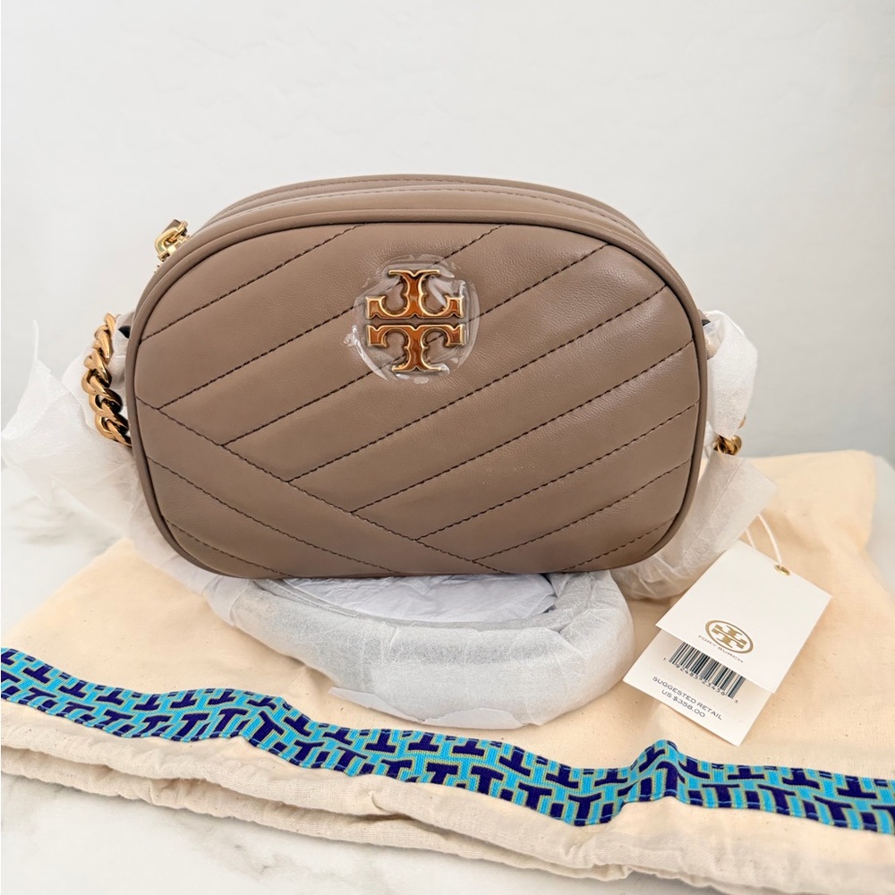 Tory Burch Kira Chevron Small Taupe Quilted Crossbody Bag